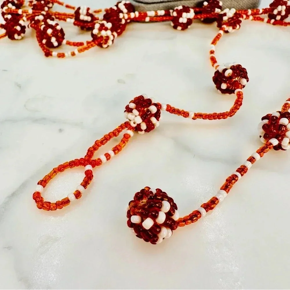 Vintage Beaded Station Necklace Very Long 62” Burnt Orange Polka Dot Est…